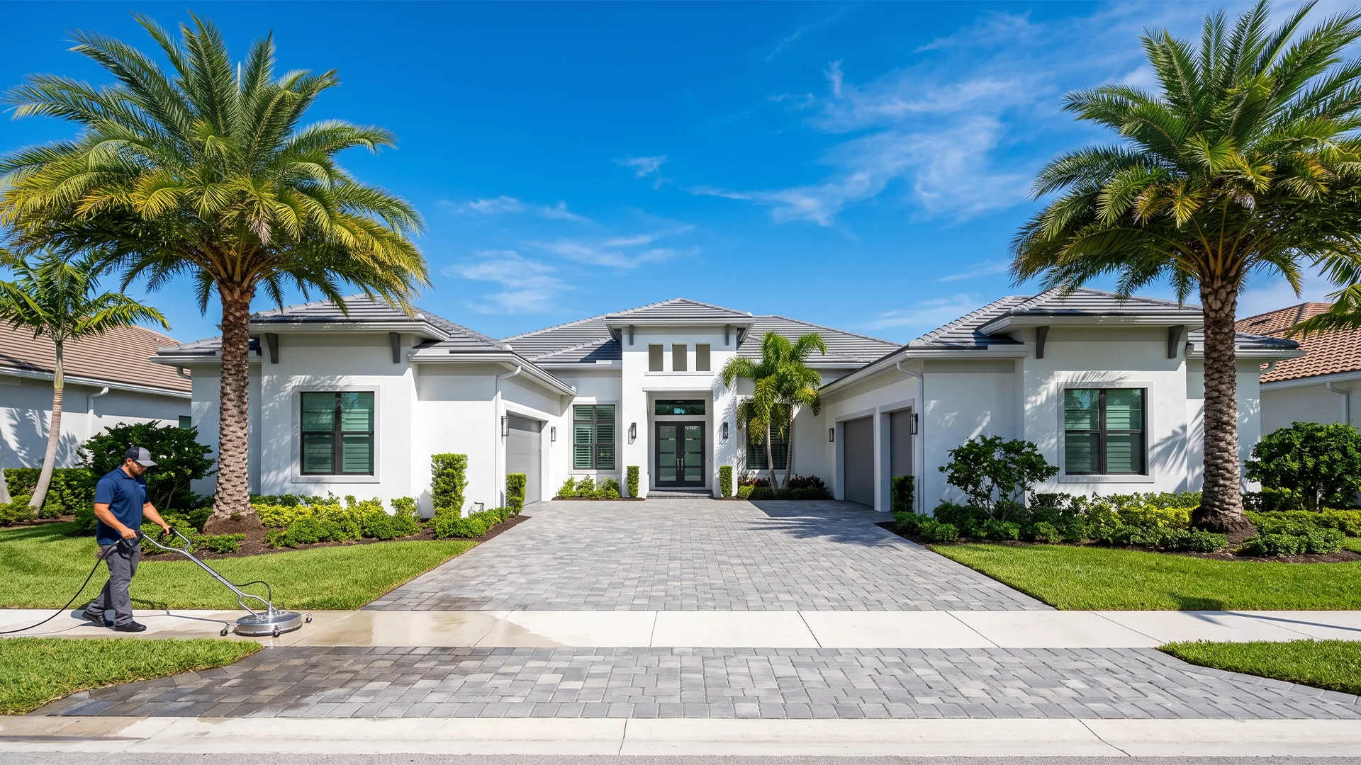 Palm-lined South Florida home and driveway